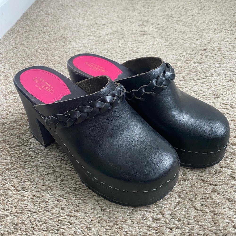 Swedish Hasbeens Black Braided Clogs